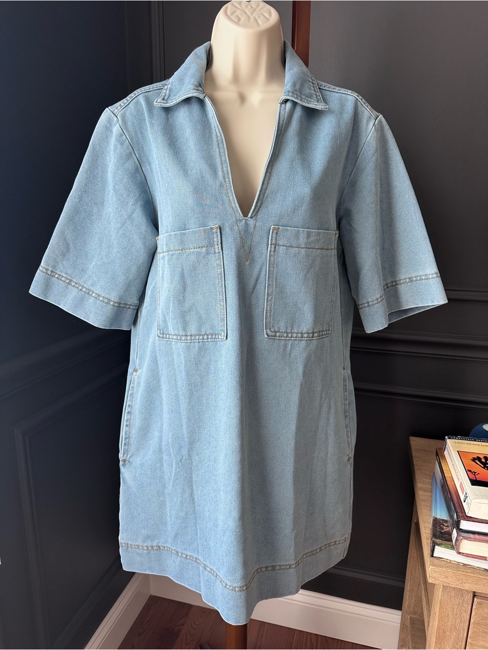 WENRINE Light Wash Denim Short Sleeve Tunic Dress XS